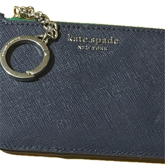 Navy, Green & White Kate Spade Leather Card Holder, Gold Zipper & Silver Accents - Picture 12 of 16